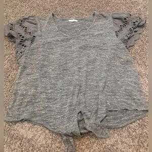 Maurices Tie plus size Front Top Gray Crochet Sleeve V Neck Casual Blouse Size 0